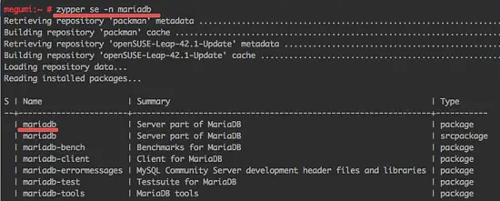 zypper search for mariadb package