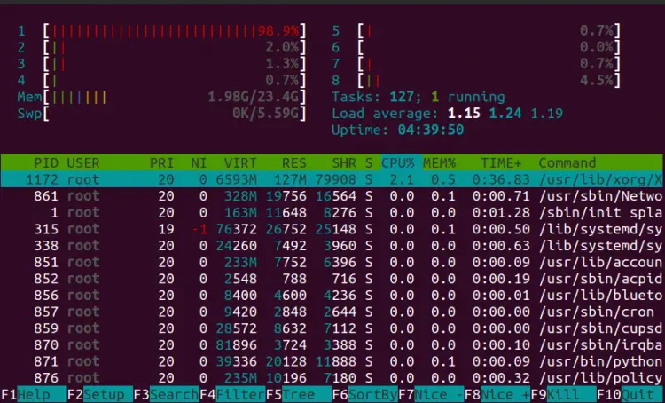 The 'htop' command output