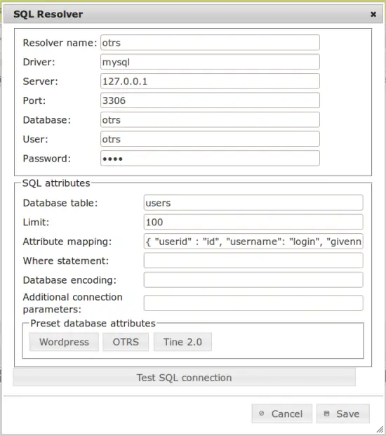 The SQL resolver with all OTRS settings