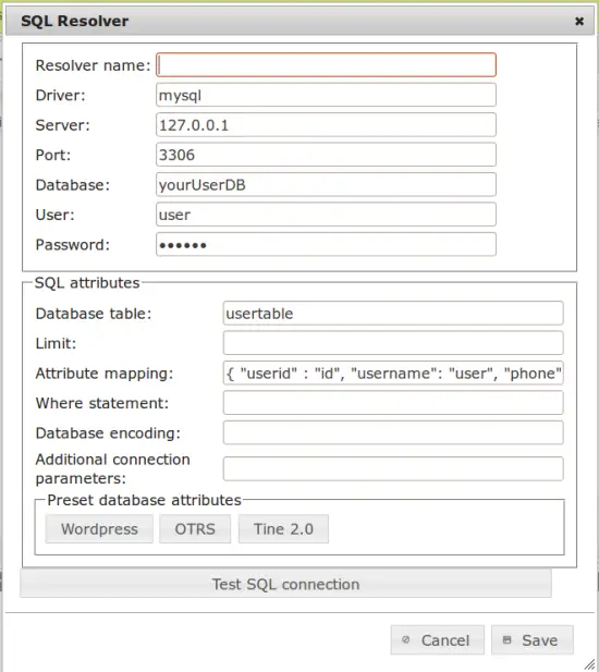 The default SQL resolver dialog