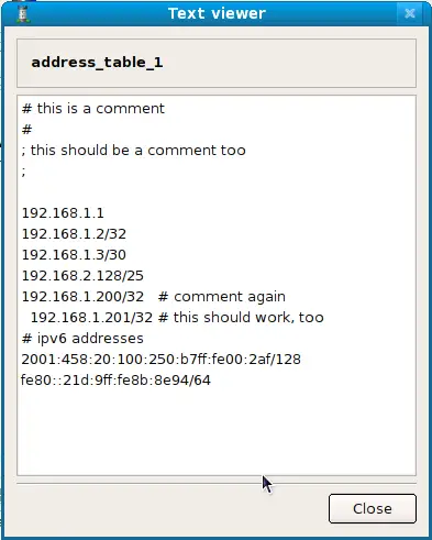 address table object contents in fwbuilder GUI