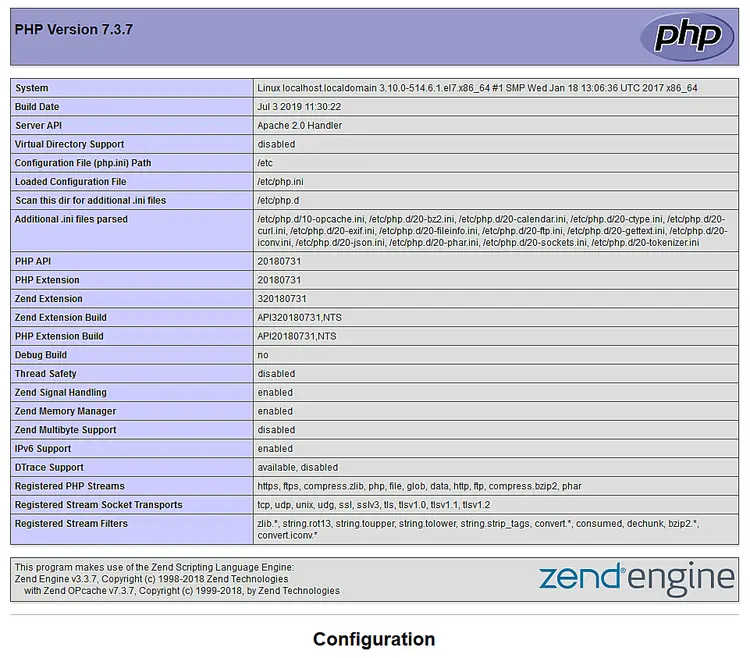 PHP version information