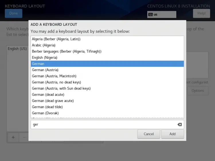 Add German Keyboard layout on CentOS 8