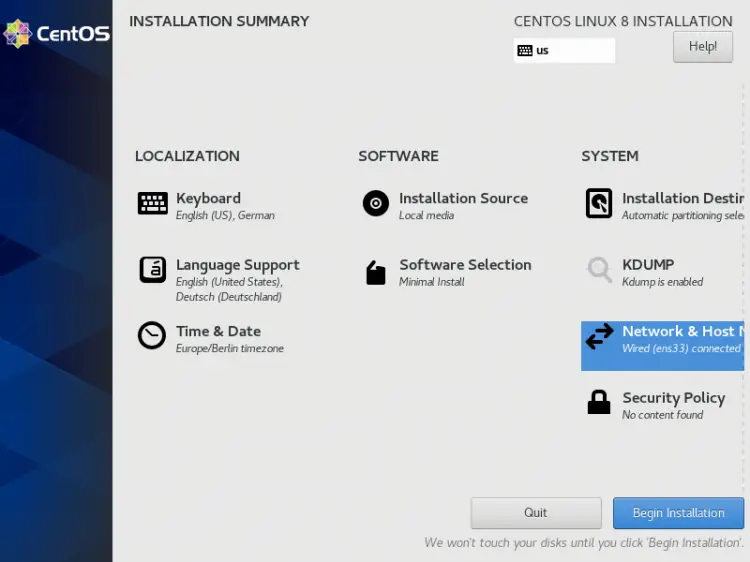 Start the CentOS 8 installation