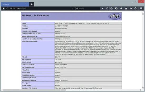 PHP info page.