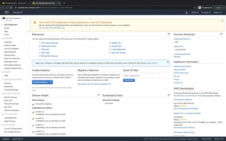 EC2 dashboard