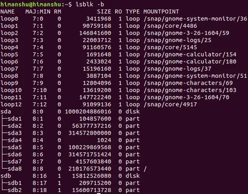 How to make lsblk print size info in bytes