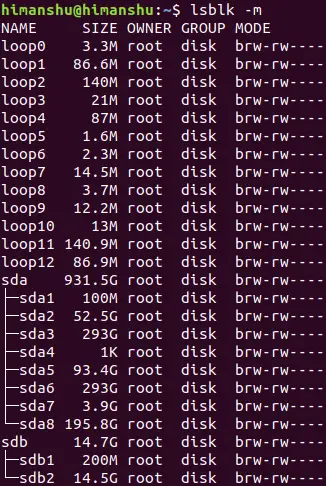 How to make lsblk display info about device owner, group, and mode