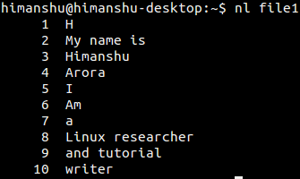 How to use nl command