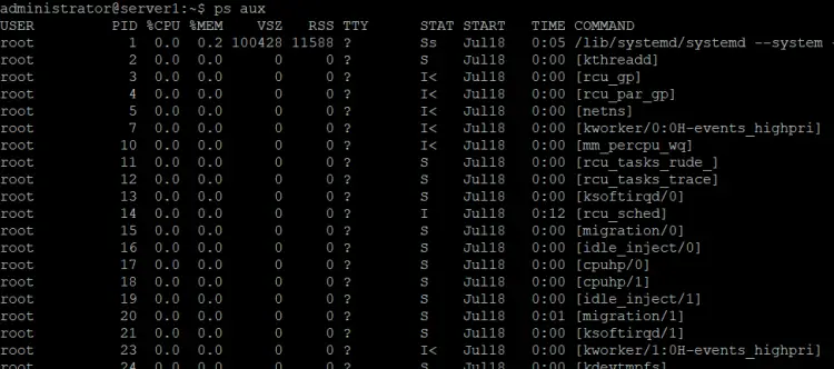 Process list with PID column