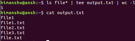 How to make tee redirect output of one command to another