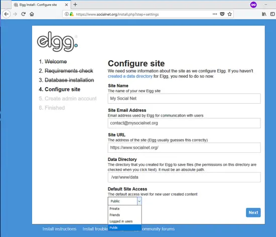 Configure site in Elgg
