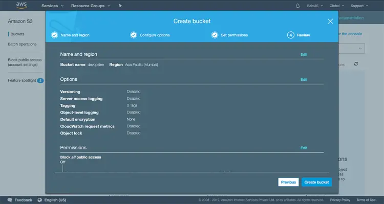 Review settings before creating the S3 Bucket