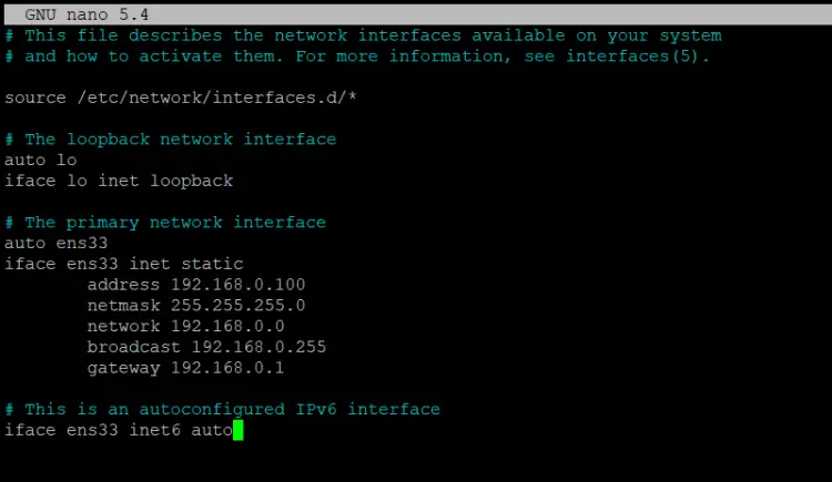 Static IP network configuration