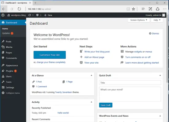 Wordpress dashboard