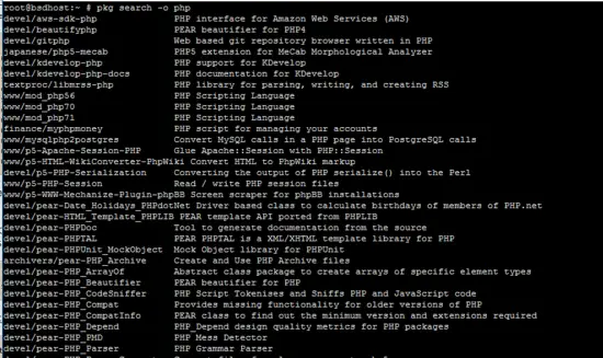 pkg search –o php result
