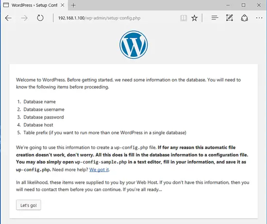 WordPress install wizard