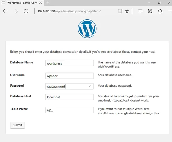 database user and password