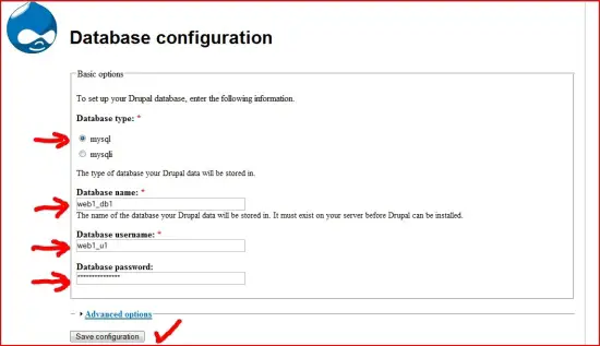 Drupal database configuration screenshot
