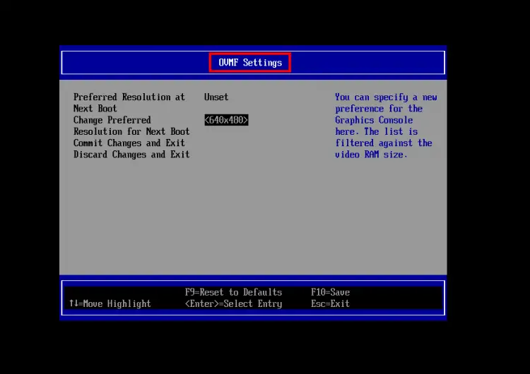 OVMF UEFI menu settings