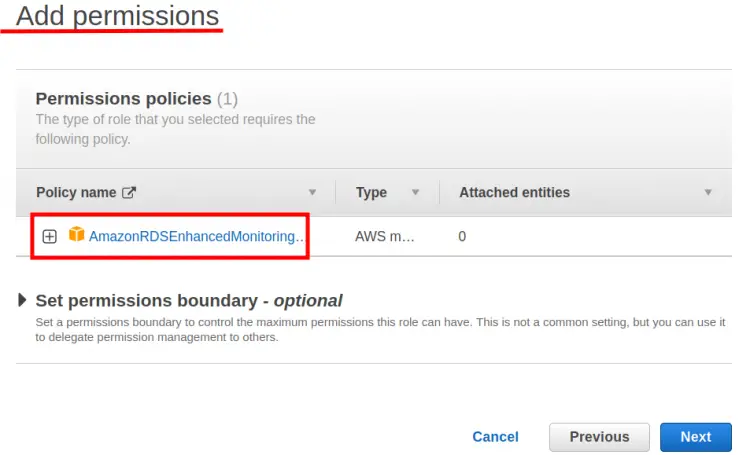 Adding the ‘AmazonRDSEnhancedMonitoringRole’ policy