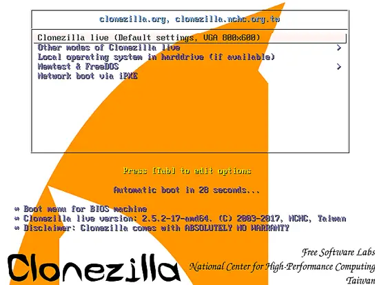 Clonezilla Boot Menu