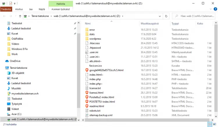 WordPress files in WIndows File Manager