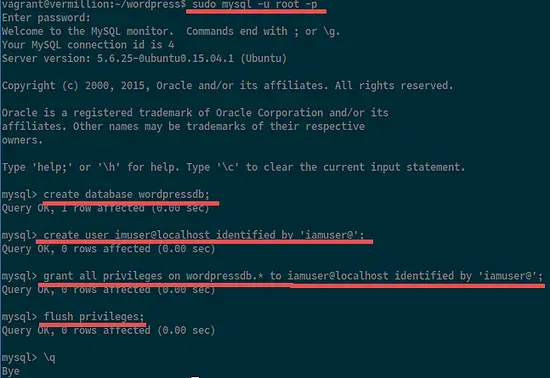 Create a Database and Database User with wp-cli.