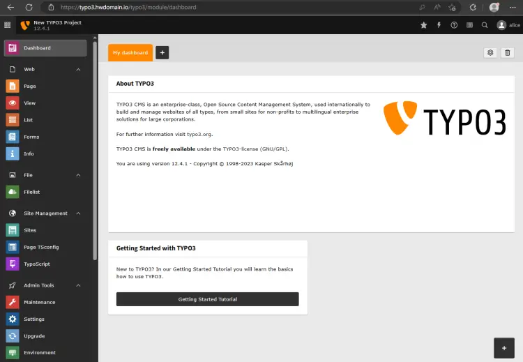 TYPO3 CMS admin dashboard