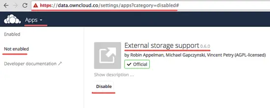 Enable External Storage in ownCloud