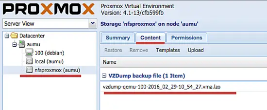 NFS backup content view.