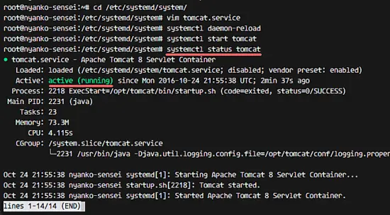 Start Tomcat with Systemd and check that it is online