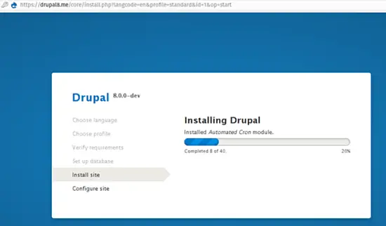 The Drupal installation is progressing.