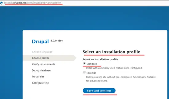 Select the Drupal installation profile.