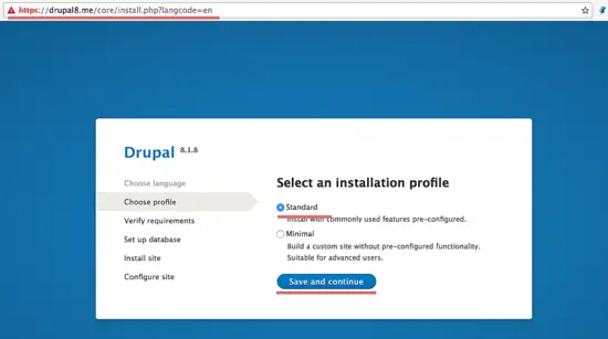 Select Drupal installation profile