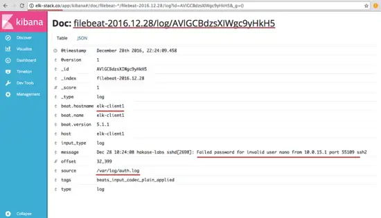 Example log file for ssh failed login on elk-client1 server