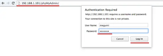 phpmyadmin login secured with htpasswd.