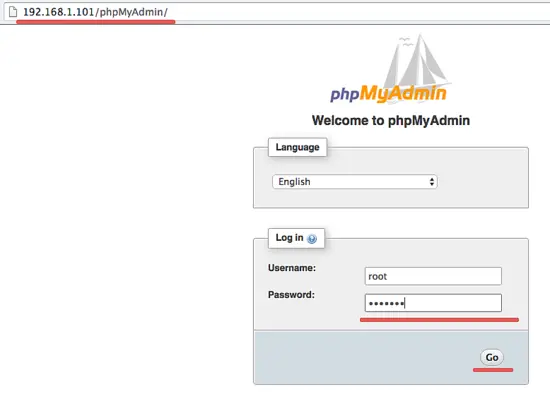 The phpmyadmin login page.