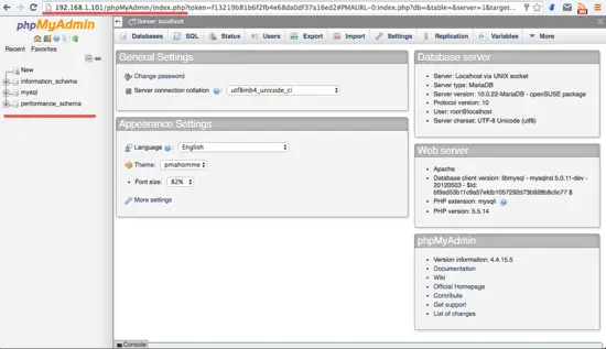 The phpmyadmin dashboard
