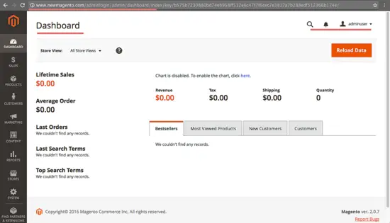 Magento admin Dashboard