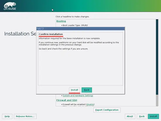 Confirm Installation OpenSUSE Leap 42.1