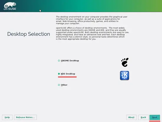 Select KDE as Desktop Environment for OpenSUSE Leap 42.1