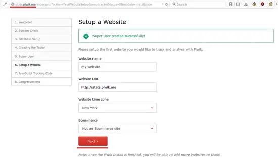 Add the first website in Piwik.