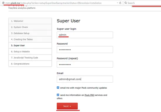 Piwik admin configuration.