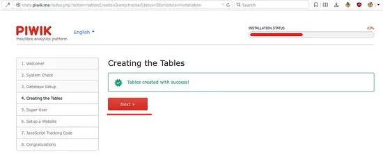 Piwik tables created successfully.