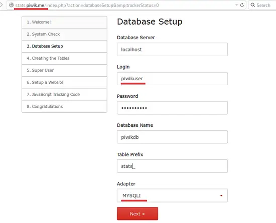 The Piwik database setup.