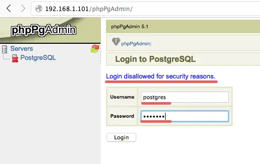 Security mode is on, so login with postges user is denied.