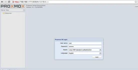 Proxmox Login page
