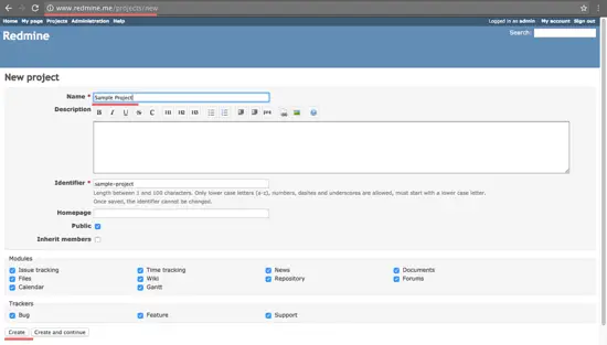 Create a new project in Redmine