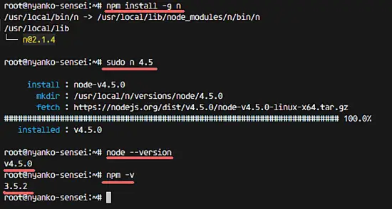 Manage the NodeJS version with the n command